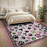 Kids Cartoon Playful Pink Paw Prints Bones Area Rug