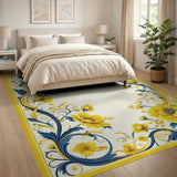 ODIKA Yellow and Blue Floral Washable Rug - Vintage Low Pile Non-Slip Area Rug