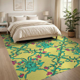 Vibrant Teal Pink Floral on Yellow Area Rug