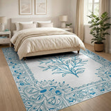 Ornate Blue Foliage Frame Area Rug