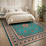 Traditional Persian Teal Coral Floral Persian Area Rug
