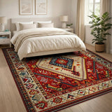 Red Red Geometric Heritage Tribal Area Rug