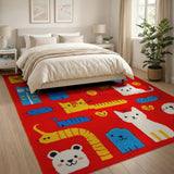Playful Cartoon Cats Animals Red Kids Rug
