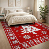 Festive Red Christmas Tree Snowflakes Area Rug