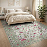 Ivory Pink Floral Area Rug with Green Vines