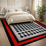 Black White Harlequin Diamond Area Rug with Red Accents
