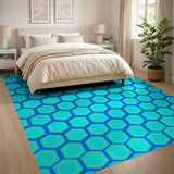 Teal Blue Hexagon Honeycomb Geometric Area Rug
