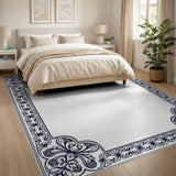 Ornate Navy Blue Floral Border Area Rug