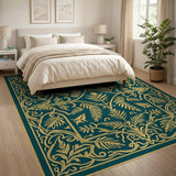 Ornate Teal Gold Fern Leaf Area Rug