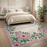 Ornate Pink Peony Border Area Rug