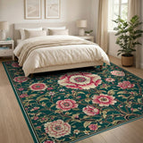 Vintage Green Peony Floral Area Rug