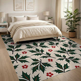 Festive Holly Leaves Berries Pattern Rug