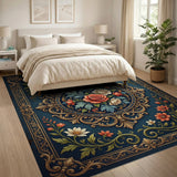 Ornate Navy Blue Rose Medallion Area Rug