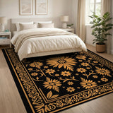 Traditional Persian Black Gold Floral Persian Area Rug