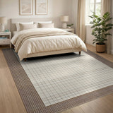 Beige Grid Area Rug with Textured Brown Border
