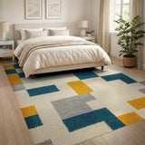 Teal Orange Gray Geometric Block Area Rug