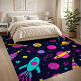 Vibrant Space Rockets Planets Kids Area Rug