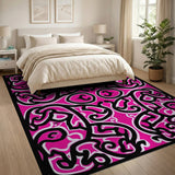 Vibrant Pink Black Tribal Swirl Area Rug