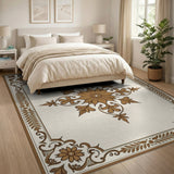 Beige and Neutral Ornate Gold Floral Medallion Area Rug