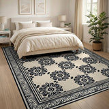 Intricate Black Floral on Cream Vintage Area Rug