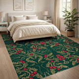 Ornate Red Holly Berry Green Floral Area Rug