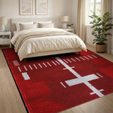 Bold Red Geometric Area Rug with White Lines