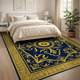 Navy Blue Gold Sunflower Medallion Area Rug