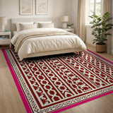 Red Geometric Tribal Area Rug with Pink Border