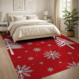 Festive Red Pine Trees Snowflakes Area Rug