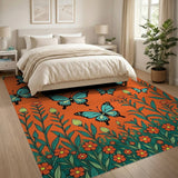 Fluttering Teal Butterflies on Orange Blooms Rug
