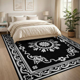 Black White Ornate Floral Medallion Rug