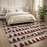 Red Silhouette Deer Pine Forest Area Rug