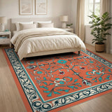 Orange Teal Floral Persian Medallion Rug