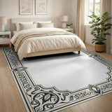 Ornate Black and White Ornate Floral Border Area Rug