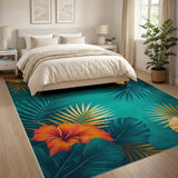Vibrant Hibiscus Palm Teal Area Rug
