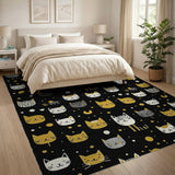 Whimsical Gold Cat Faces Black Area Rug