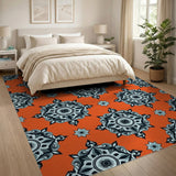 Orange Vibrant Orange Mandala Geometric Area Rug
