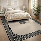 Ornate Beige Area Rug with Black Frame