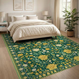 Vintage Yellow Floral Green Area Rug