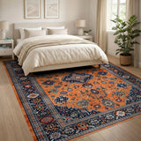 Burnt Orange Persian Area Rug with Navy Border