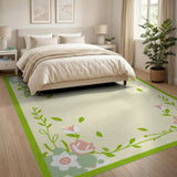Whimsical Green Border Pink Floral Area Rug
