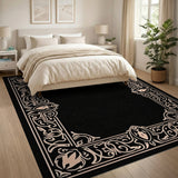 Ornate Floral Border Black Area Rug