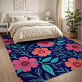 Bold Pink Floral on Navy Area Rug