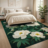 Elegant White Peony Blooms Green Area Rug