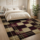 Distressed Vintage Plaid Area Rug in Black, Maroon Tan