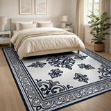 Elegant Black White Ornate Fleur-de-Lis Rug