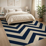 Navy Chevron Zigzag on Beige Area Rug