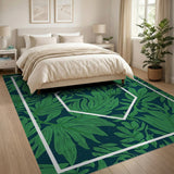 Vibrant Green Palm Leaf Navy Area Rug with Hex Frame