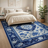 Elegant Blue White Chinoiserie Floral Rug