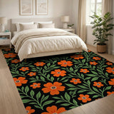 Vibrant Orange Floral on Black Area Rug